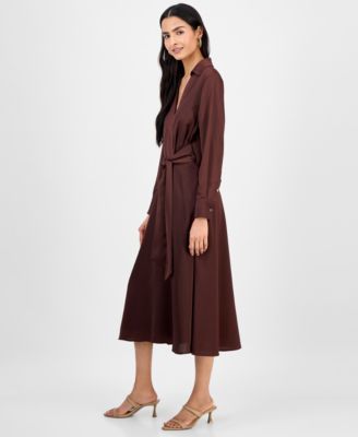 Women's Collared V-Neck Tie-Waist Midi Dress