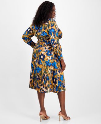 Plus Size Printed V-Neck Tie-Waist Midi Dress
