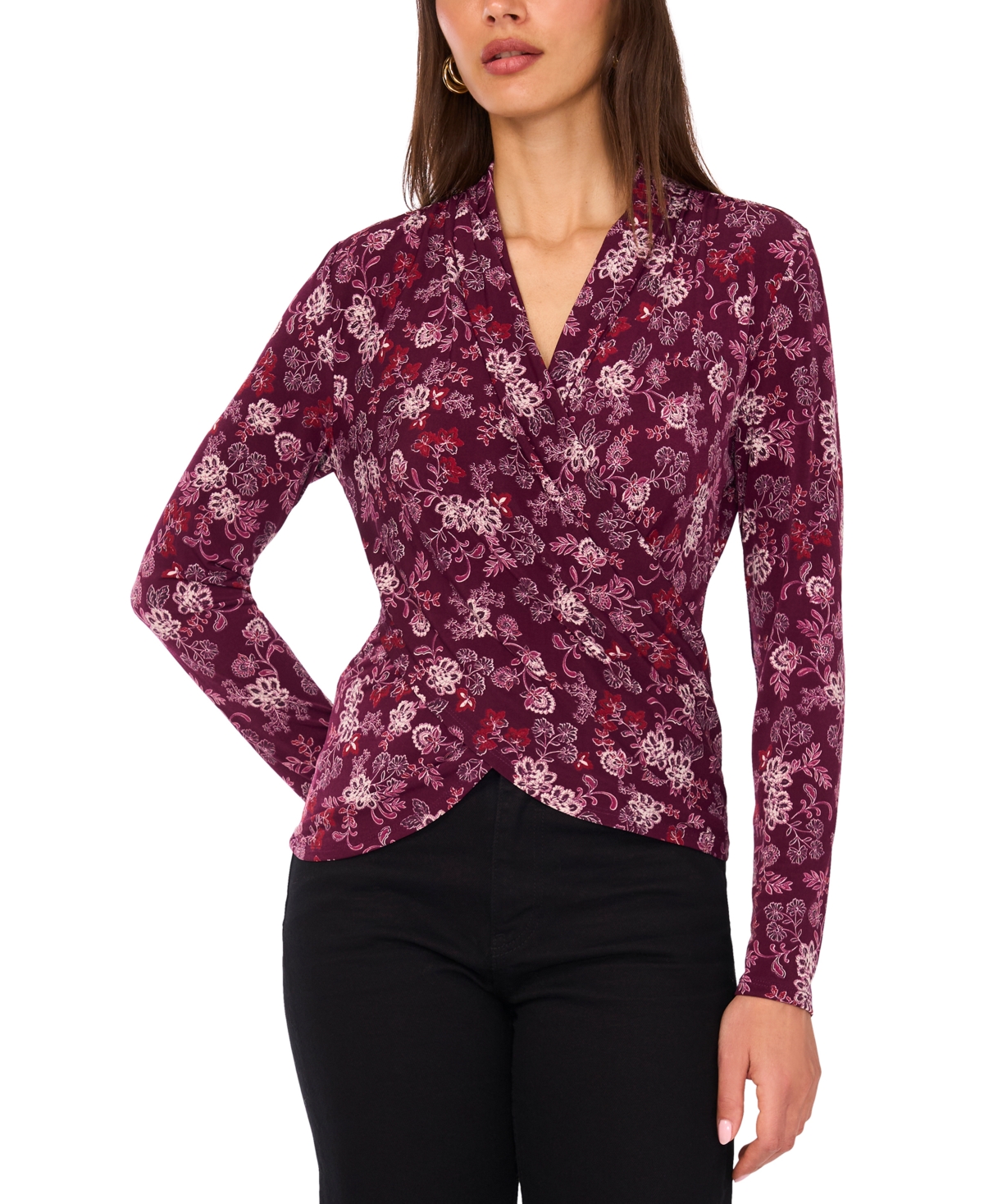 Women's Printed Long-Sleeve Wrap Top - Sweet Plum