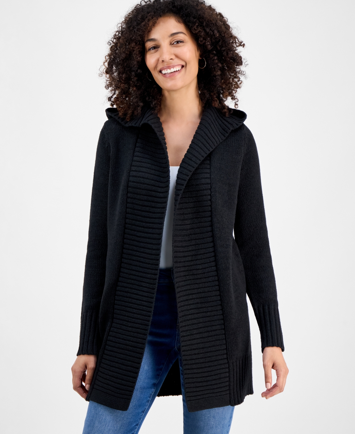 Style & Co Petite Hooded Open-front Long Cardigan, Macy's Exclusive In Black