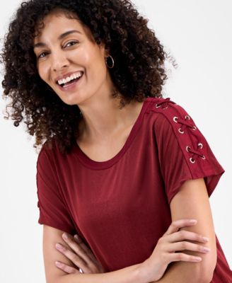Petite Lace-Up Shoulder Short-Sleeve Top, Macy's Exclusive