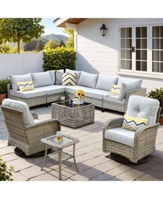 10 Piece Outdoor Patio Furniture with Swivel Chairs,All Weather Wicker Sectional Coversation Set with Solar Coffee Table, Single Modular Chairs