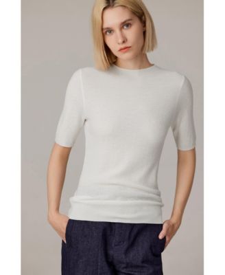Women's Funnel Neck Short Sleeve Sweater | 75% Merino Wool 25% Silk Ultra Soft Fine-gauge Knit Top | Machine Washable