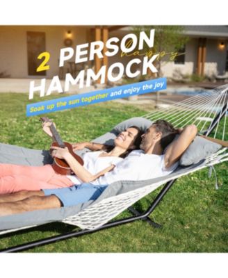Double Hammock with Stand, 2 Person Cotton Rope Hammock with Removable Polyester Pad, 500LBS Capacity.
