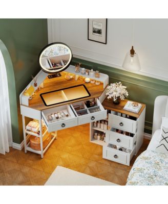 Corner vanity desk with mirror, three-color LED lights, and charging station.