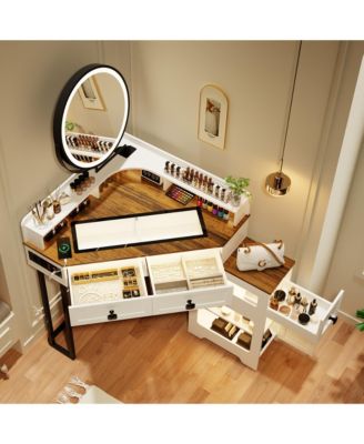 Farmhouse-style dressing table with mirror and lights, featuring a glass top.