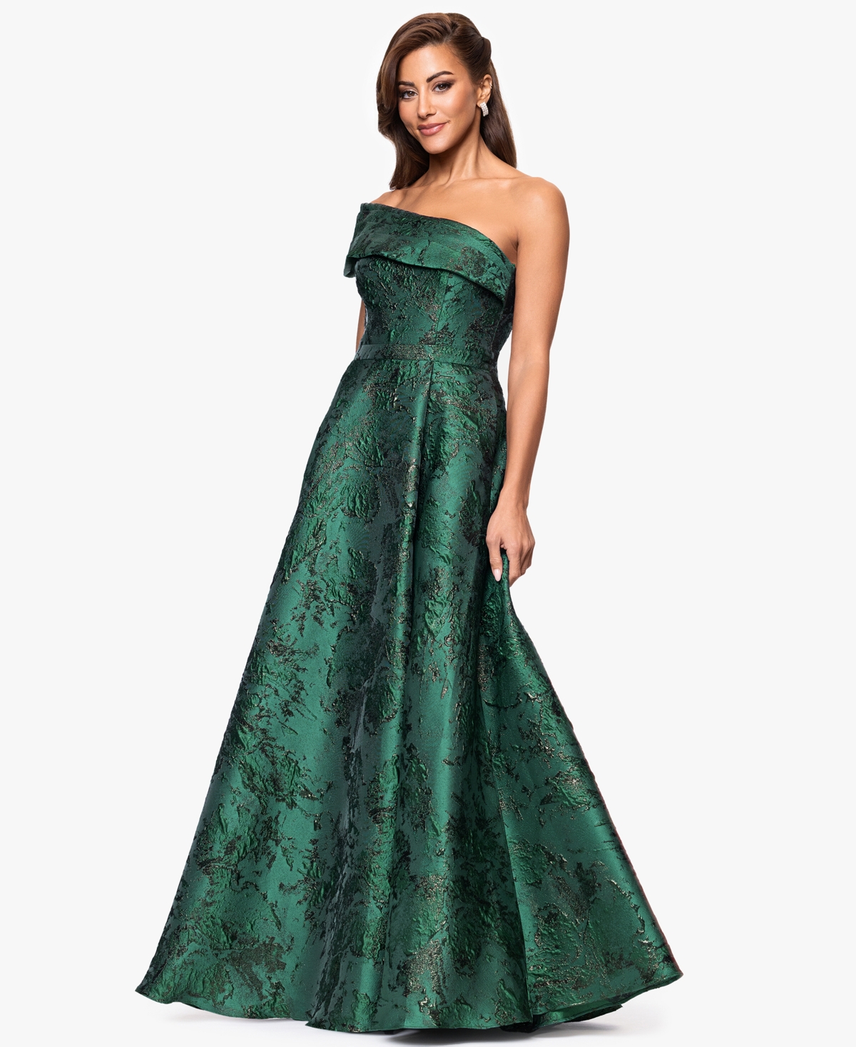 Xscape Women's Jacquard One-shoulder Ball Gown In Green