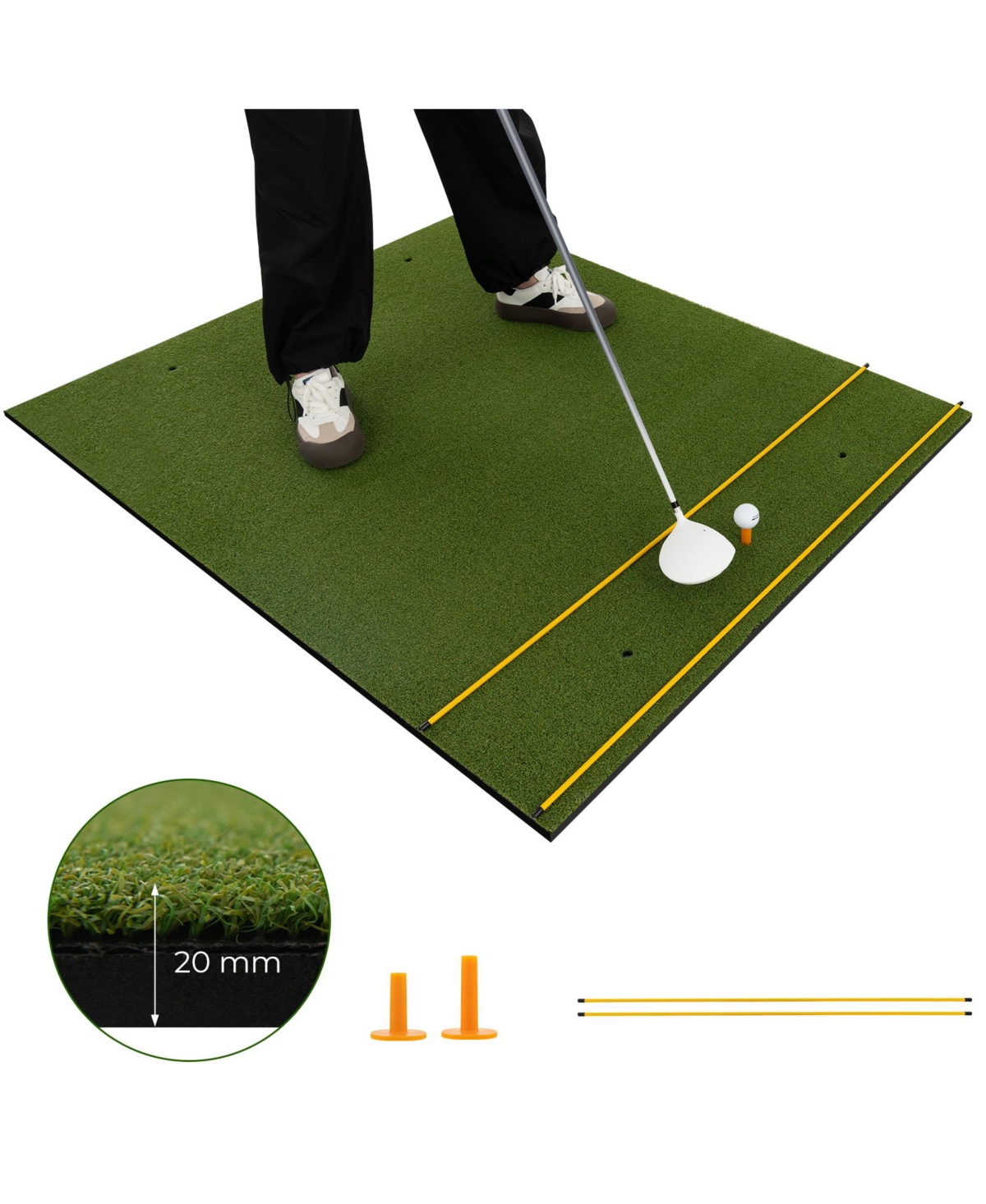 Artificial Turf Mat Includes 2 Rubber Tees and 2 Alignment Sticks for Indoor and Outdoor Golf Practice - Green