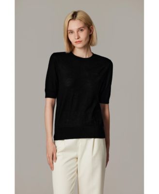 Women's Tissue Weight 75% Merino Wool 25% Silk Crew Neck Short Sleeve T Shirt Sweater | Ultra Soft Machine-Washable Sweaters