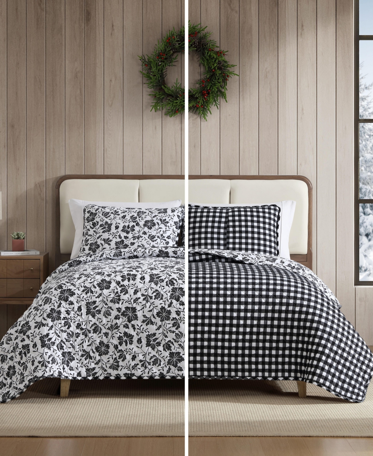 Eddie Bauer Woodblock Floral Flannel Cotton Reversible 3-Pc. Quilt Set