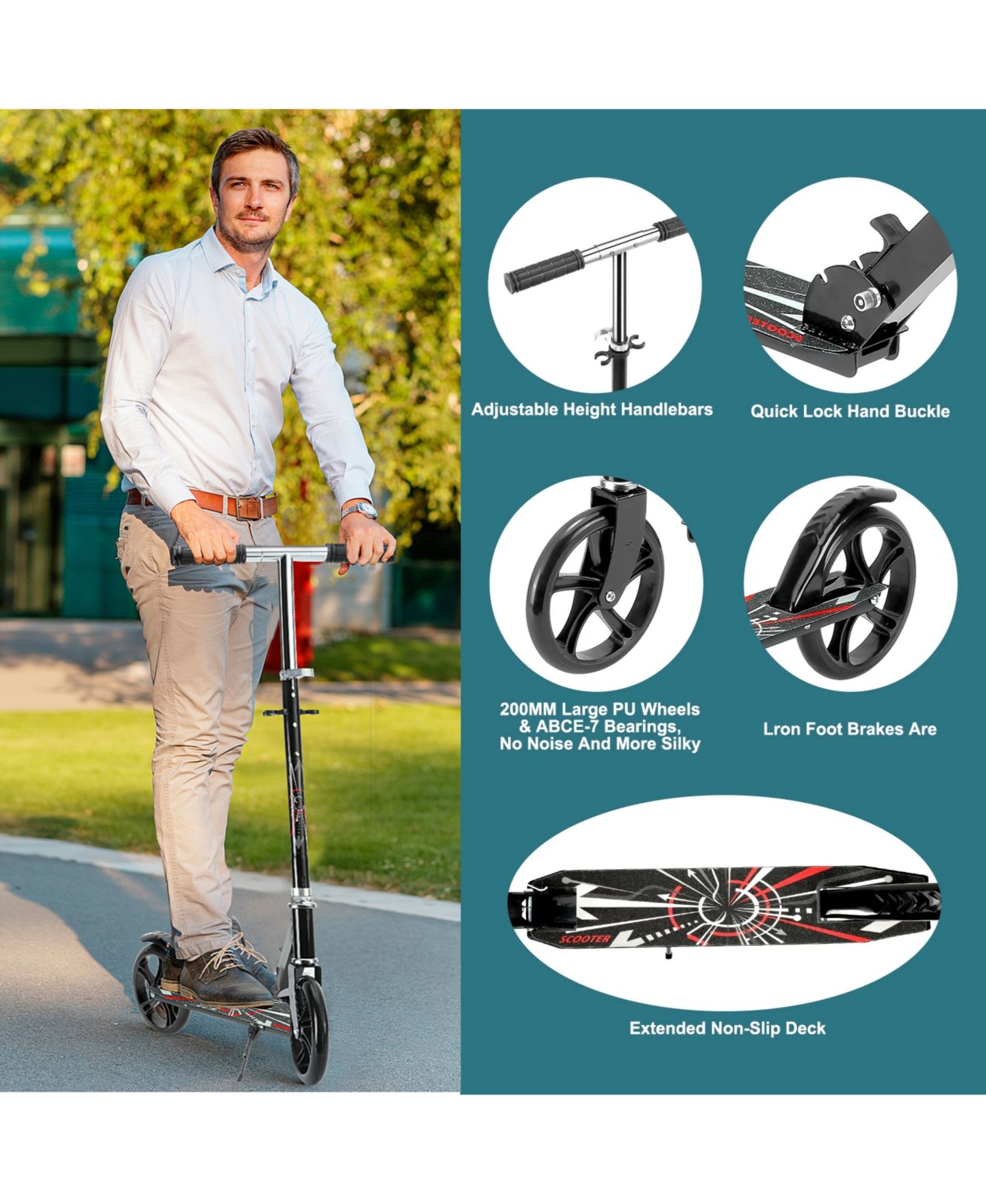 Детская игрушка SUGIFT Folding Kick Scooter with 3 Adjustable Heights for Teens & Adults, цвет: Чёрный — фото 8