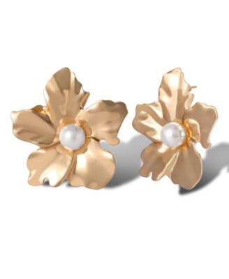 Statement Flower Earrings with Pearl Center in Gold-Tone