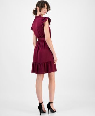 Women's Solid Tie-Waist Flutter-Sleeve Tiered Dress