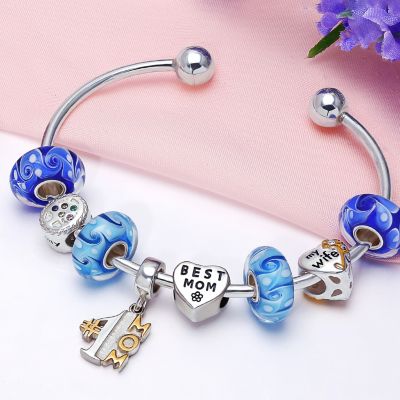 Set of 4 Murano Glass Charm Bead Blue Aqua Wave Swirl Spacer Silver Core