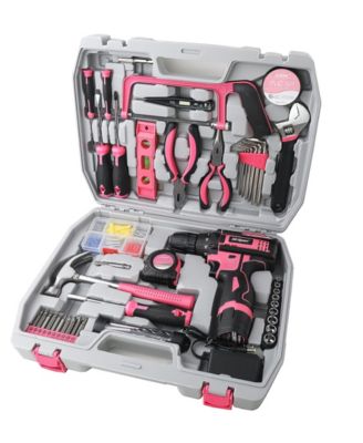 121-Piece Home Tool Set with 12V Cordless Drill – Pink and Black DIY Kit with Storage Case