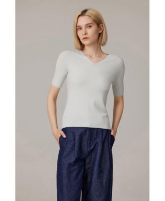 Women's Merino Wool Lurex Sweater | Shimmer Fine gauge V-Neck Short Sleeve Top | Machine Washable Pullover