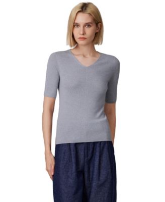 Women's Merino Wool Lurex Sweater | Shimmer Fine gauge V-Neck Short Sleeve Top | Machine Washable Pullover