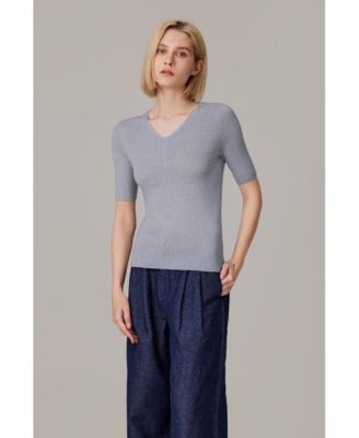 Women's Merino Wool Lurex Sweater | Shimmer Fine gauge V-Neck Short Sleeve Top | Machine Washable Pullover