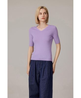 Women's Merino Wool Lurex Sweater | Shimmer Fine gauge V-Neck Short Sleeve Top | Machine Washable Pullover
