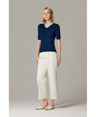 Women's Merino Wool Lurex Sweater | Shimmer Fine gauge V-Neck Short Sleeve Top | Machine Washable Pullover