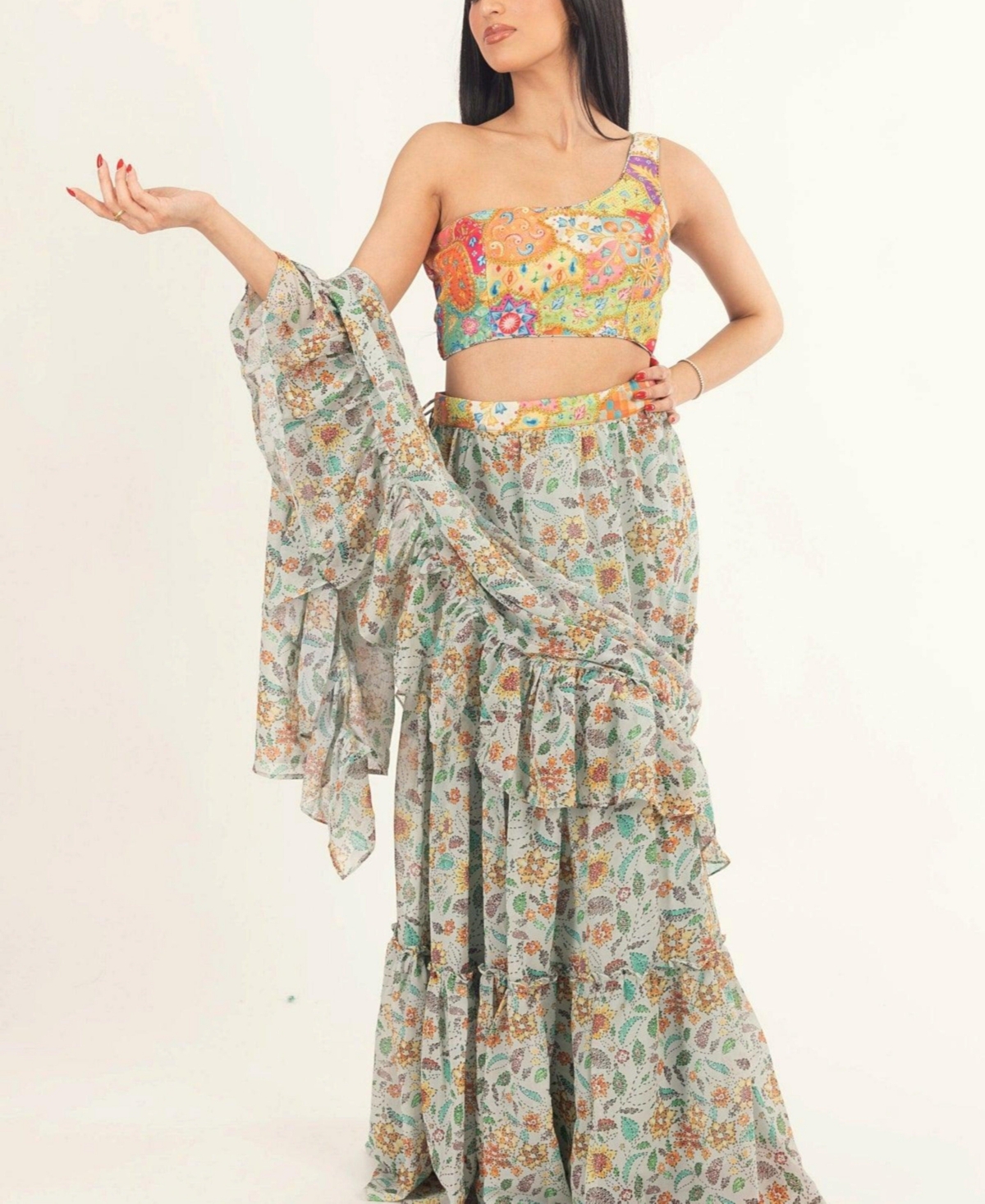 Women's One-Shoulder Floral Ruffle Saree Dress - Light green
