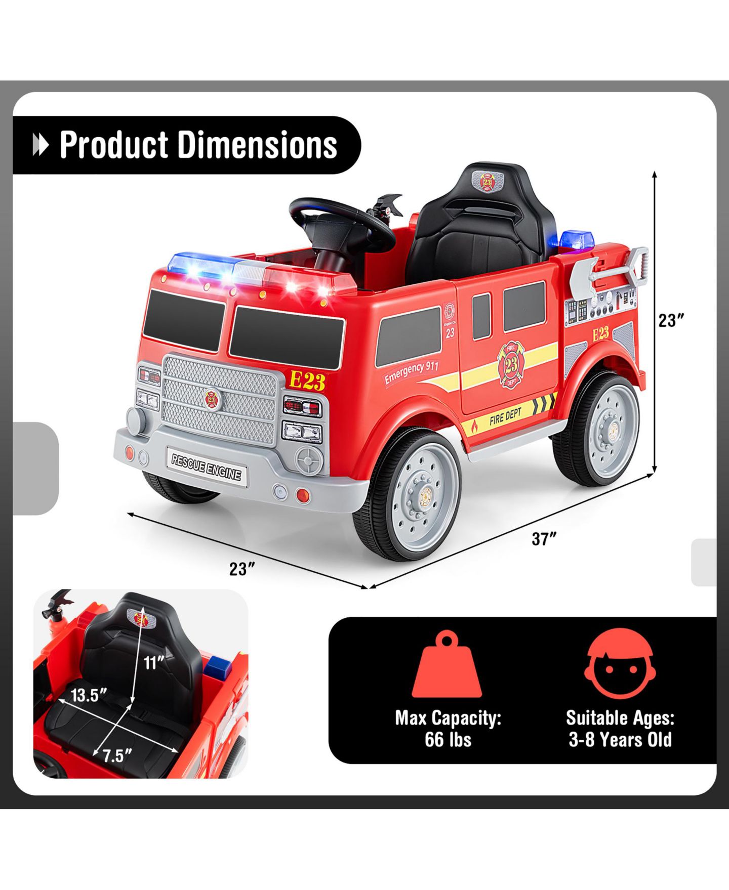 Детская игрушка Gymax 12V Battery-Powered Ride-On Fire Truck with Remote Control, 66 lbs Capacity, Ages 3-8, цвет: Красный — фото 3