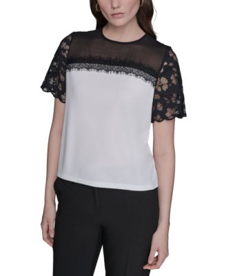 KARL LAGERFELD PARIS - Women's Lace-Trim Mixed-Media Top