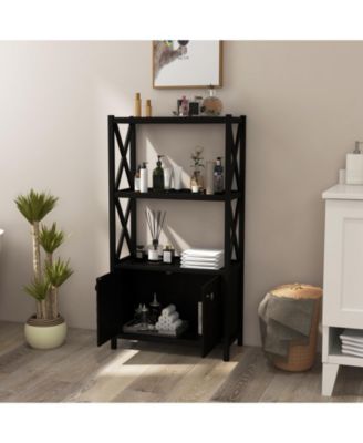 Bathroom Storage Cabinet with Open Shelves and Double Doors