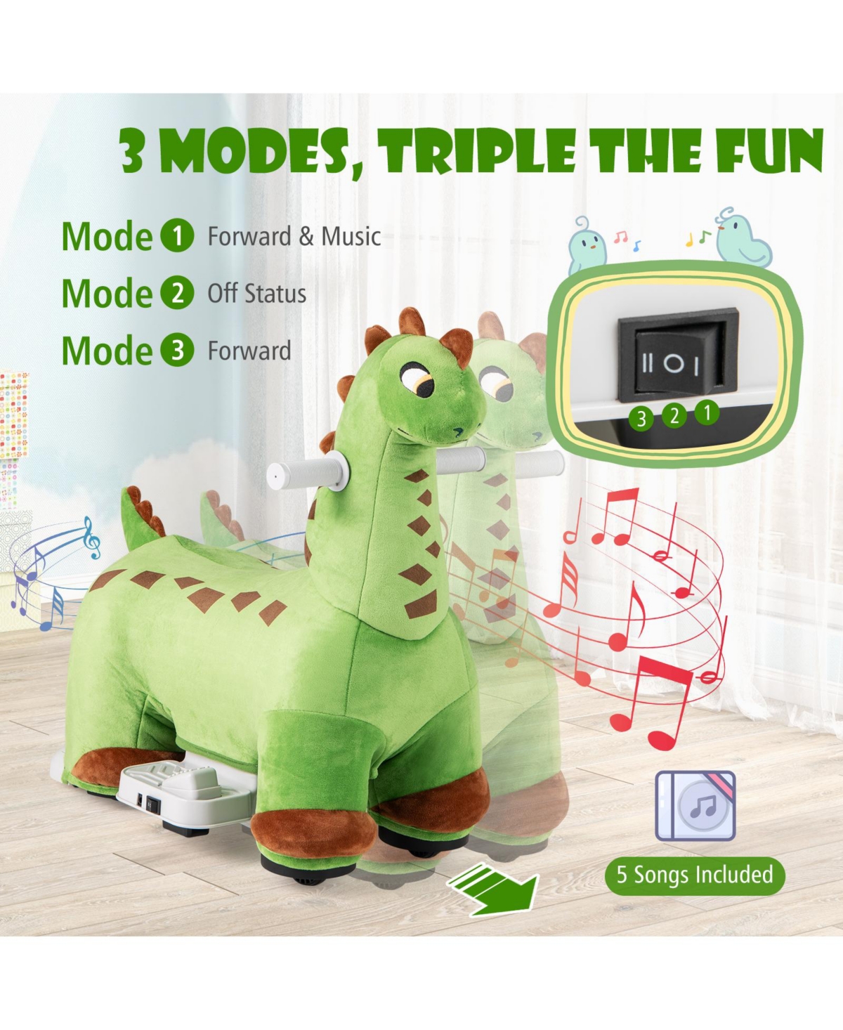 Gymax 6V Kids Ride on Dinosaur w/ Padded Sea Foot Pedal Music Forward & Wheels