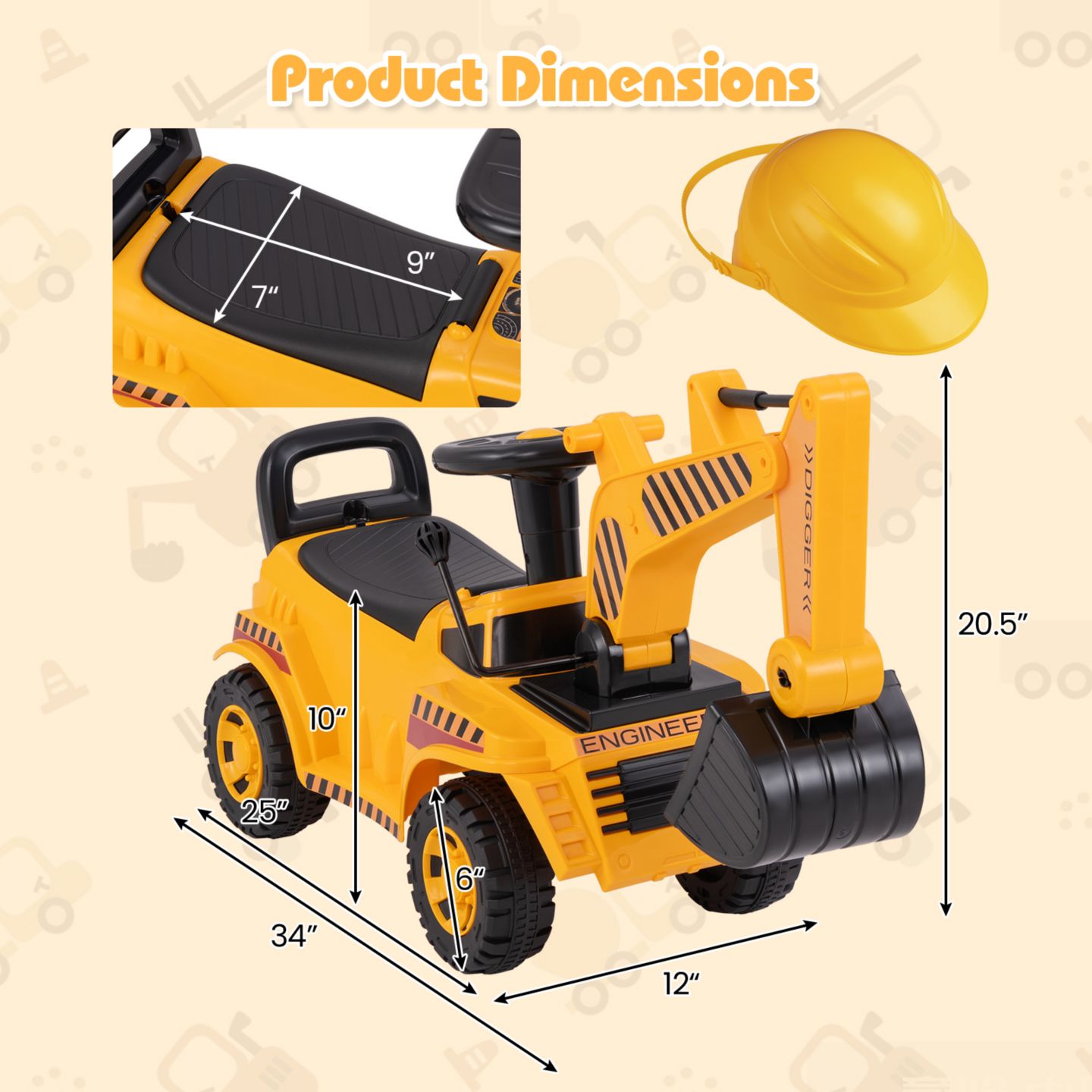 Детская игрушка Gymax Ride-On Excavator with Adjustable Shovel, Engine Sound & Anti-Tipping Base, 33 lbs Capacity, Ages 19-36 Months, цвет: Жёлтый — фото 3