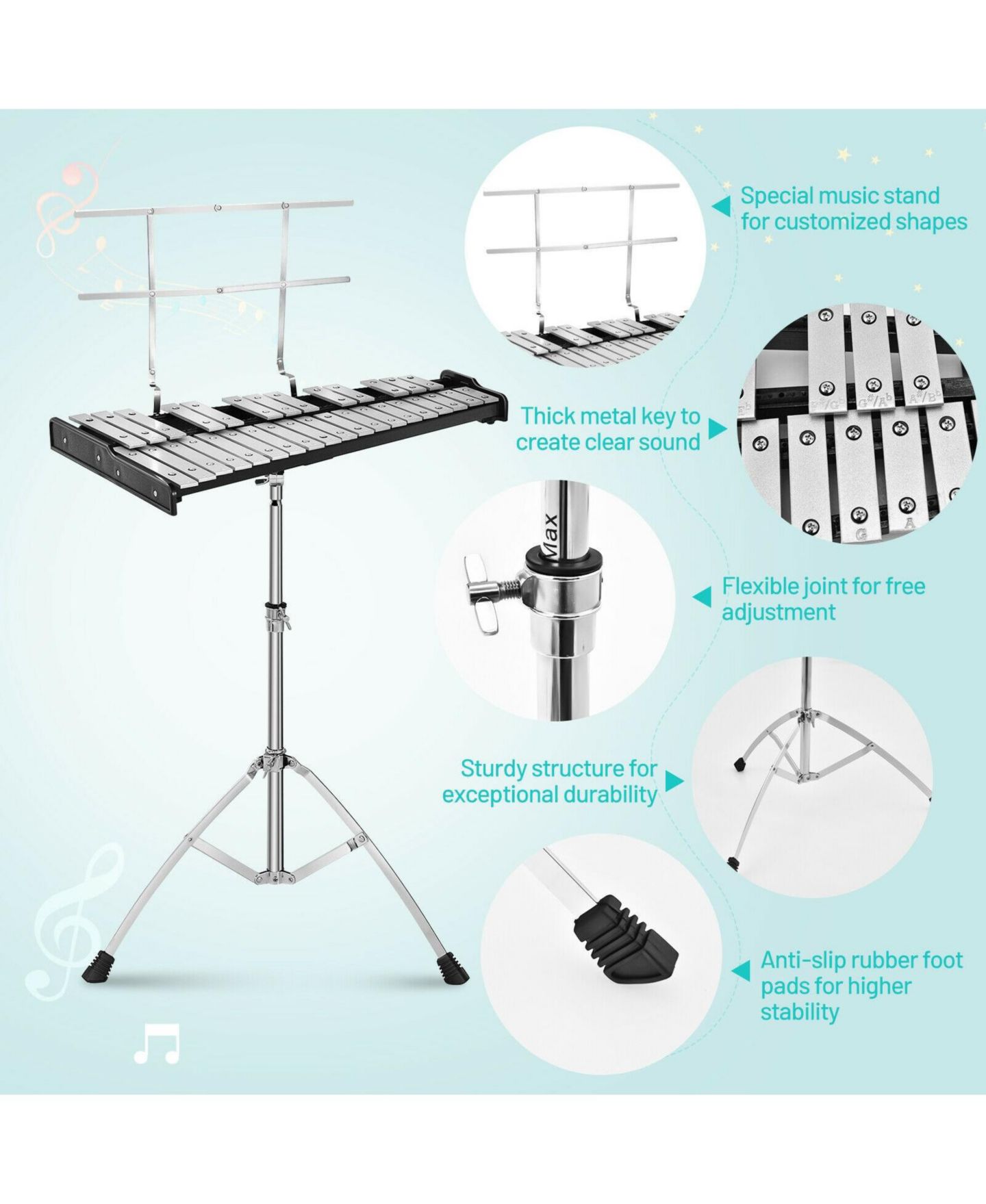 Детские игрушки Mecale 32 Note Glockenspiel Xylophone Percussion Bell Kit with Adjustable Stand, цвет: Чёрный — фото 2