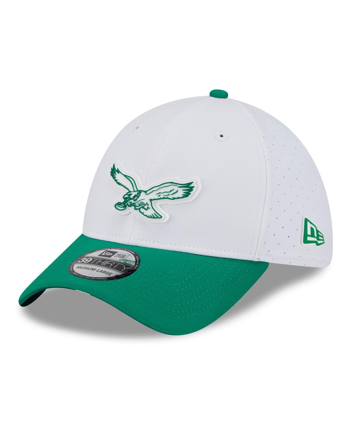 New Era Men's White/kelly Green Philadelphia Eagles 2025 Nfl Training Camp Throwback Logo 39thirty Flex Hat