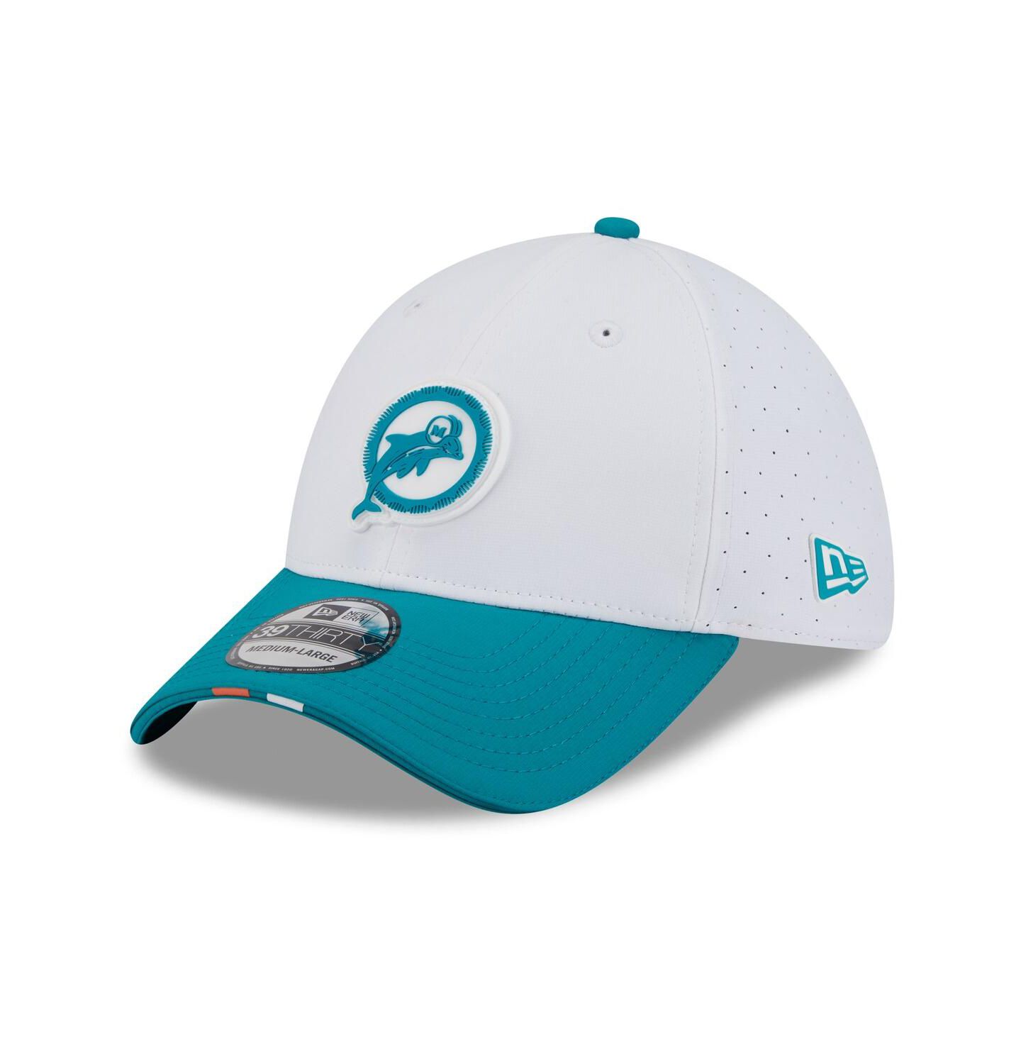 Мужская кепка New Era White/Aqua Miami Dolphins 2025 NFL Training Camp Throwback Logo 39THIRTY Flex Hat — фото 1