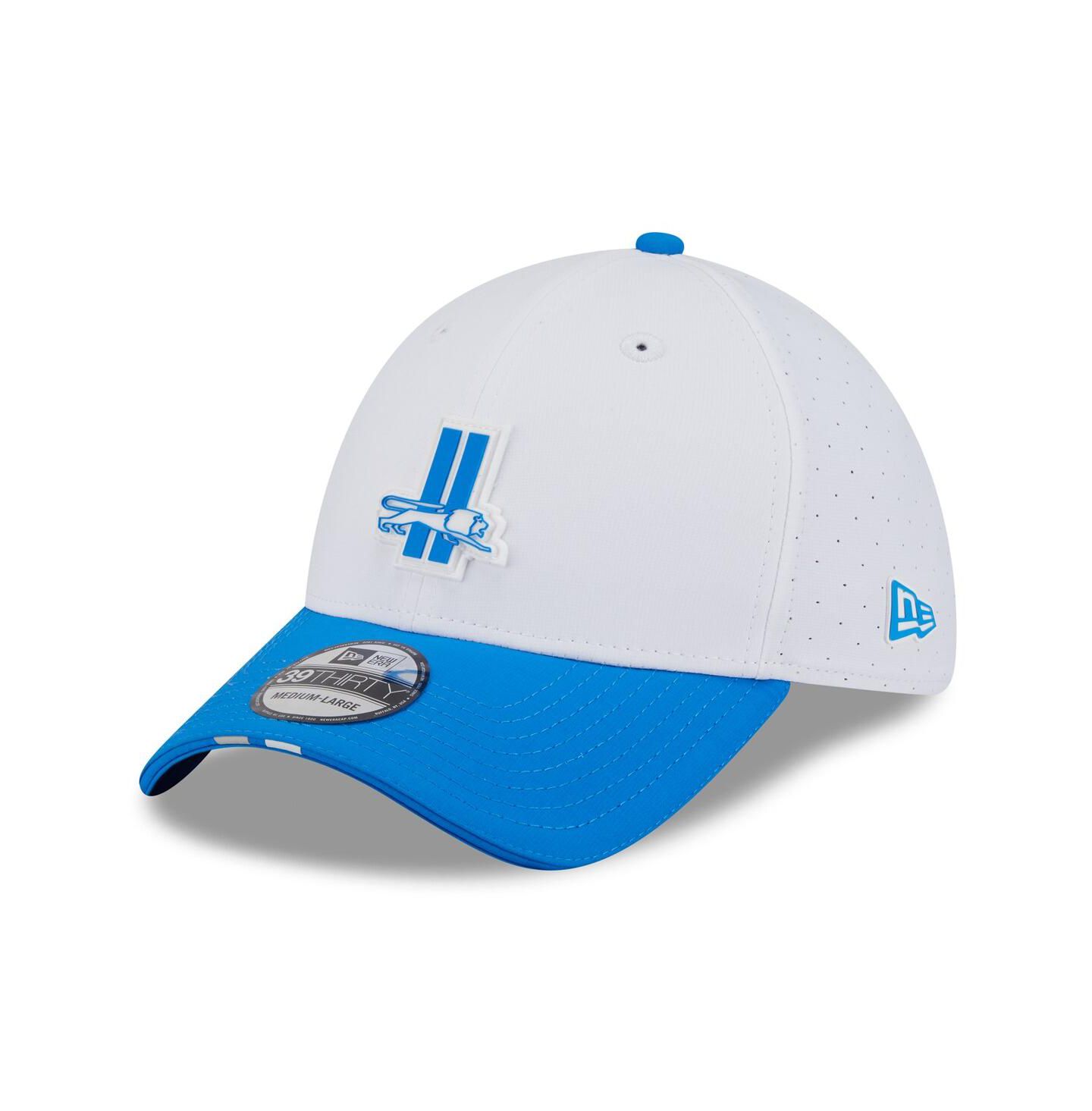 Мужская кепка New Era White/Blue Detroit Lions 2025 NFL Training Camp Throwback Logo 39THIRTY Flex Hat — фото 1