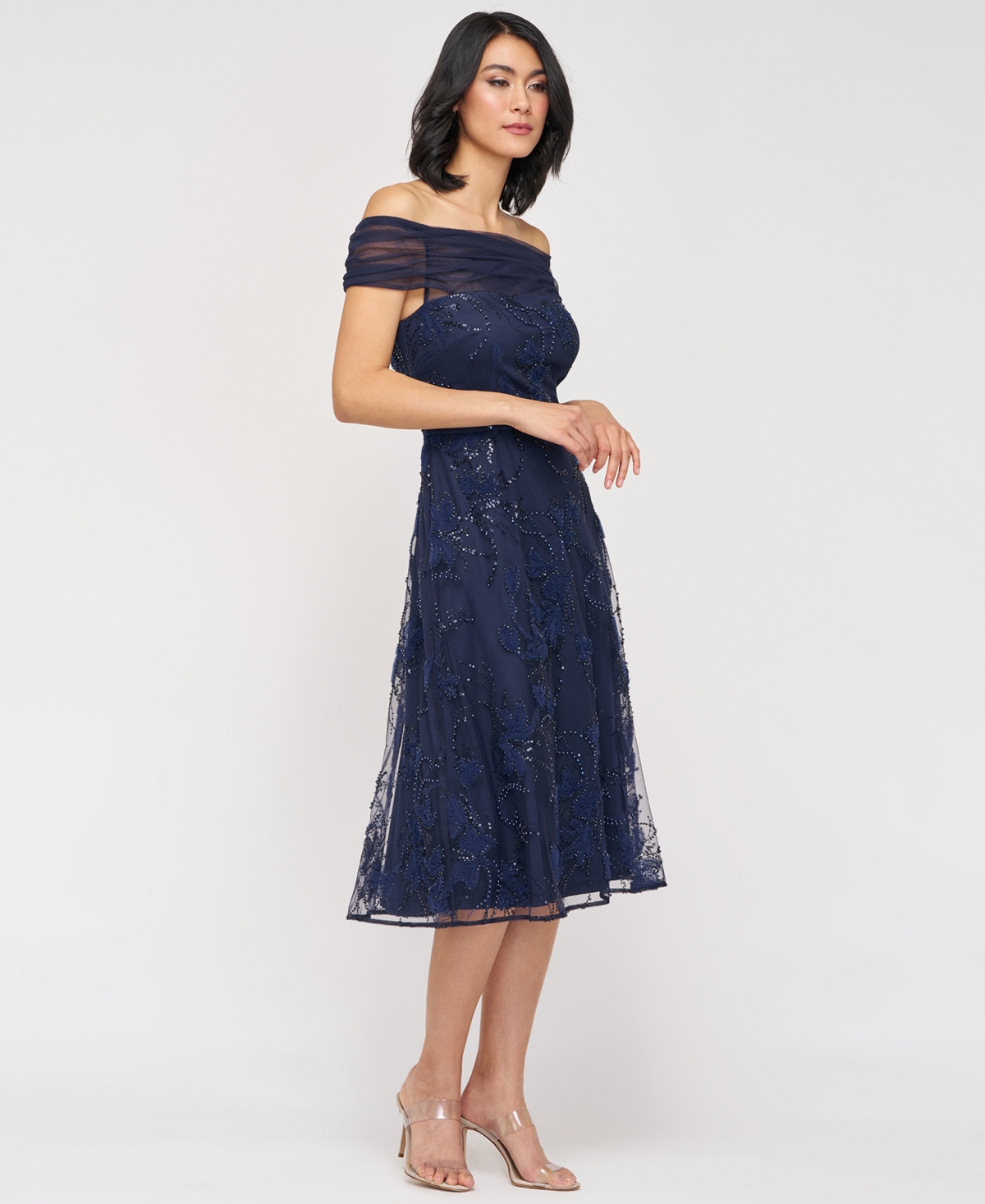Js Collections Gemma Beaded Floral Off The Shoulder Cocktail Dress In Blue