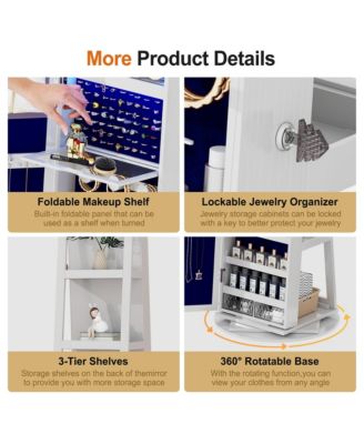 LED jewelry storage cabinet with back storage shelves and 360° rotation.