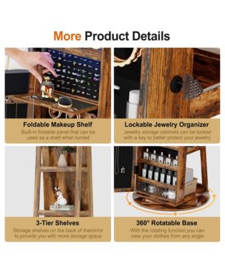 LED jewelry storage cabinet with back storage shelves and 360° rotation.