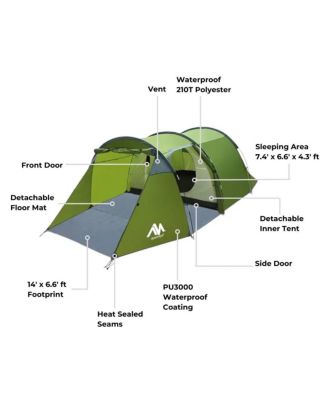 TrekPort Tunnel Camping Tent – 2–4 Person 3-Season Waterproof Shelter with Sleeping Room, Vestibule, Mesh Doors & Side Access for Camping