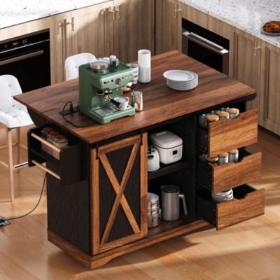 CASAINC 55.5" Wood Drop Leaf with Barn Door, Power Outlet & Spice Rack Kitchen Island