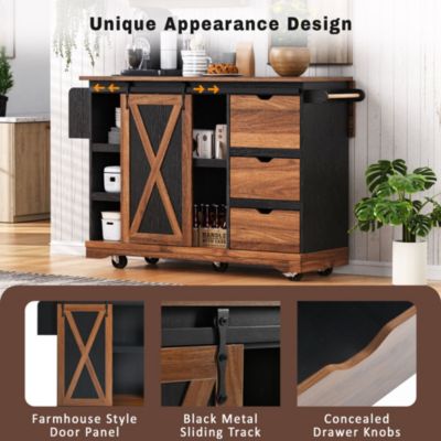 CASAINC 55.5" Wood Drop Leaf with Barn Door, Power Outlet & Spice Rack Kitchen Island