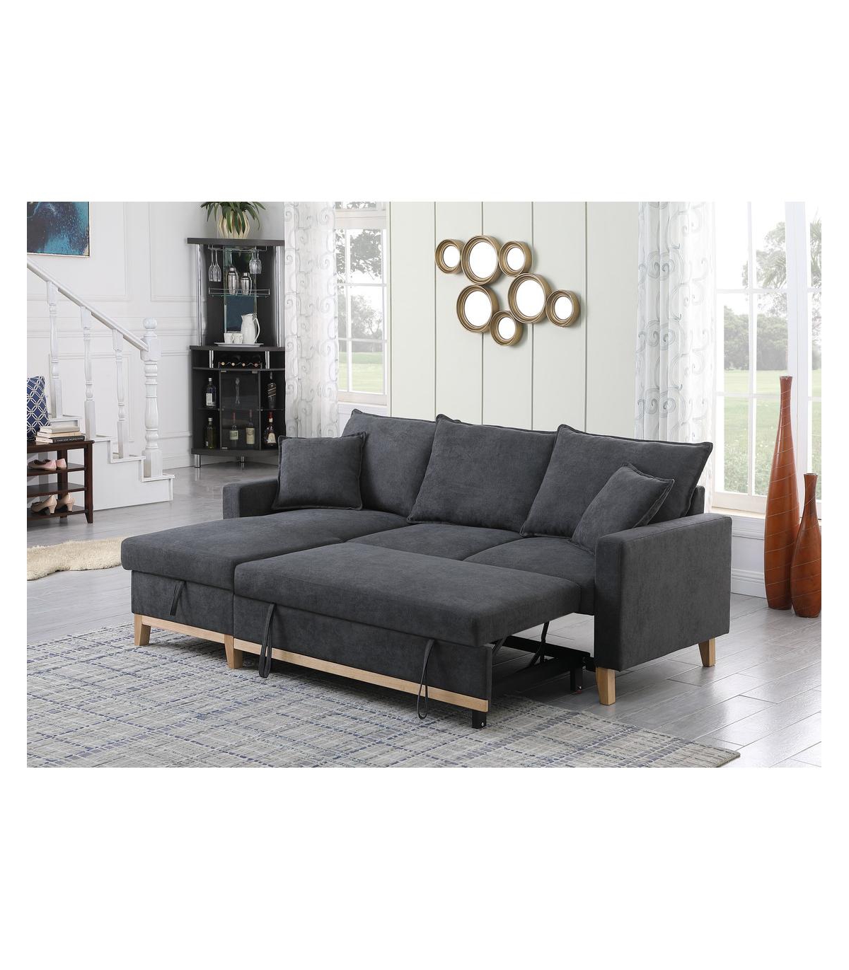 Homlux 84.25"W Dark Gray Woven Reversible Sleeper Sectional Sofa with Storage Chaise