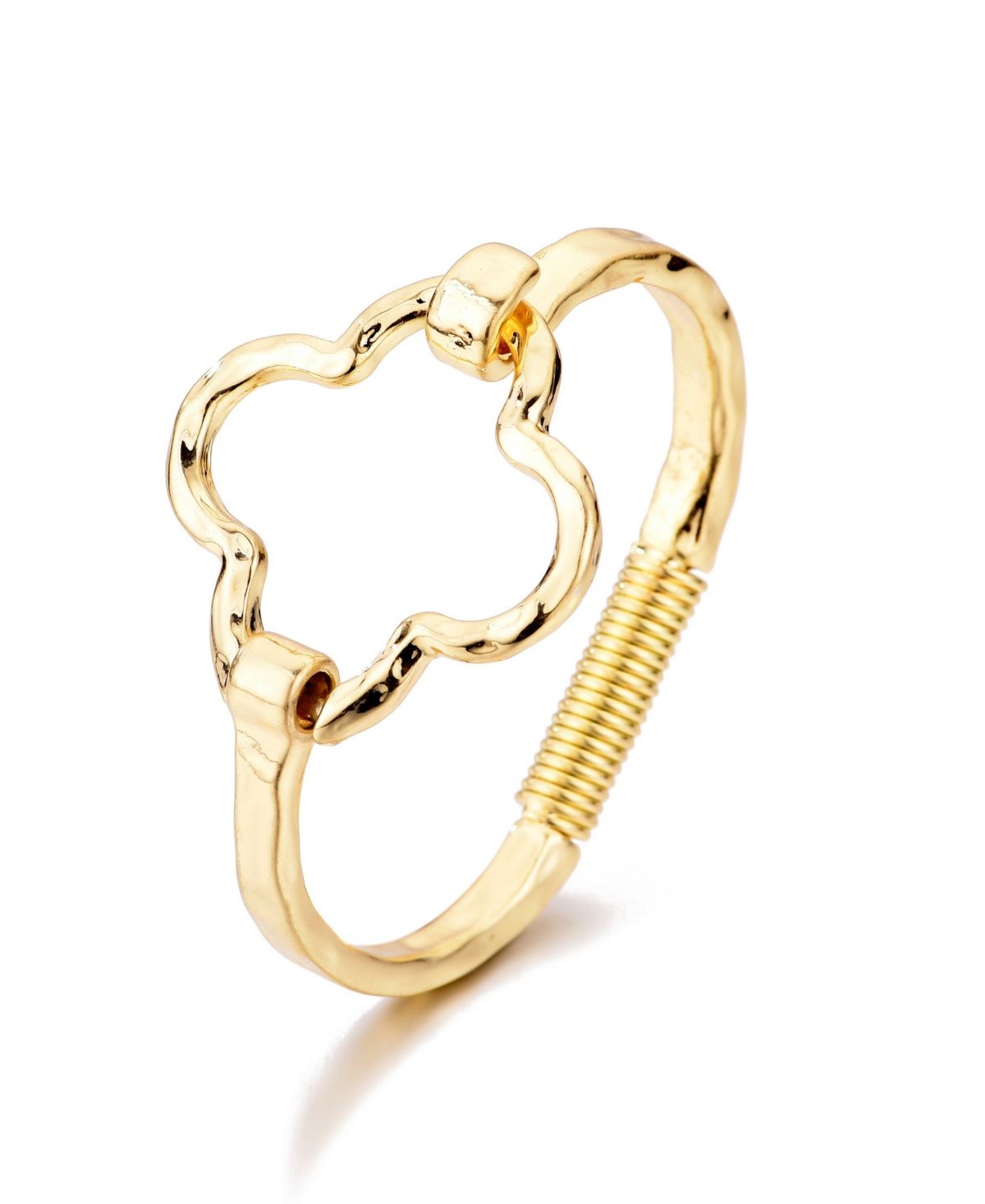 Gold Plated Hammered Clover Open Cuff Bracelet - Gold