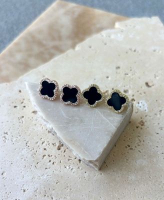 Rose Gold Black Halo Clover Stud Earrings