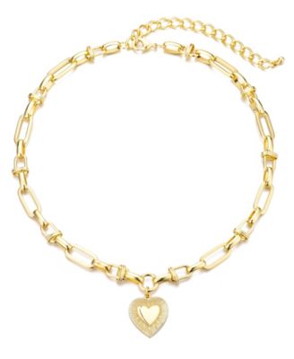 Gold Chunky Mixed Link Chain Fluted Heart Necklace