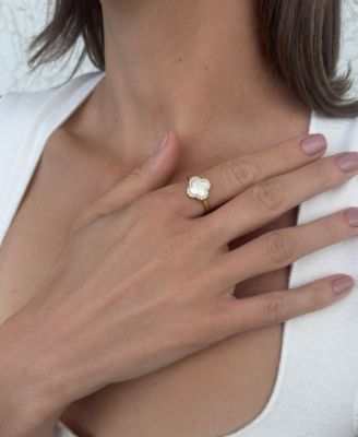 Gold Mother of Pearl Cubic Zirconia Halo Clover Ring