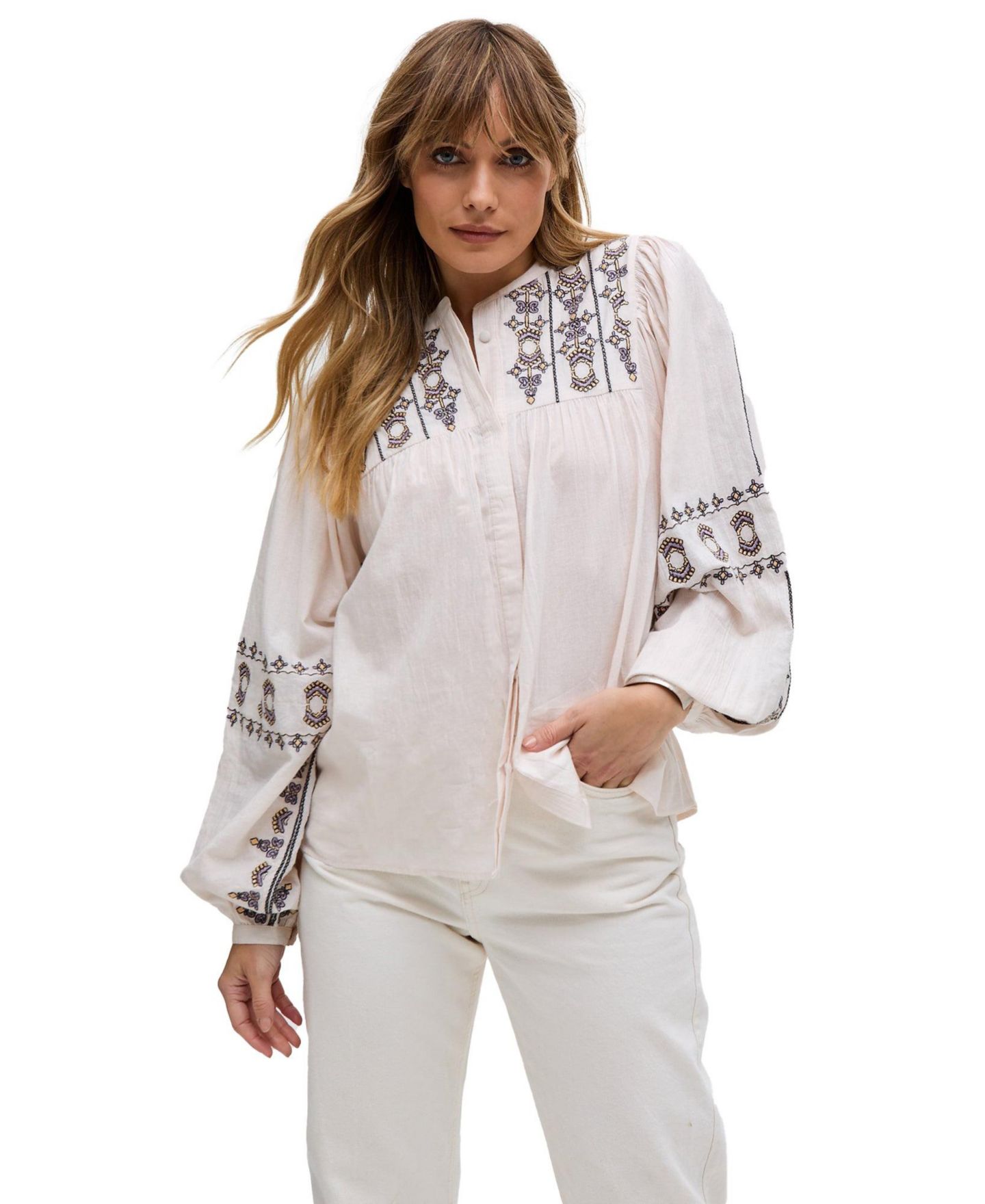 Женская рубашка Raffya Demi Embroidered Ballon Sleeve, цвет: Кремовый — фото 1