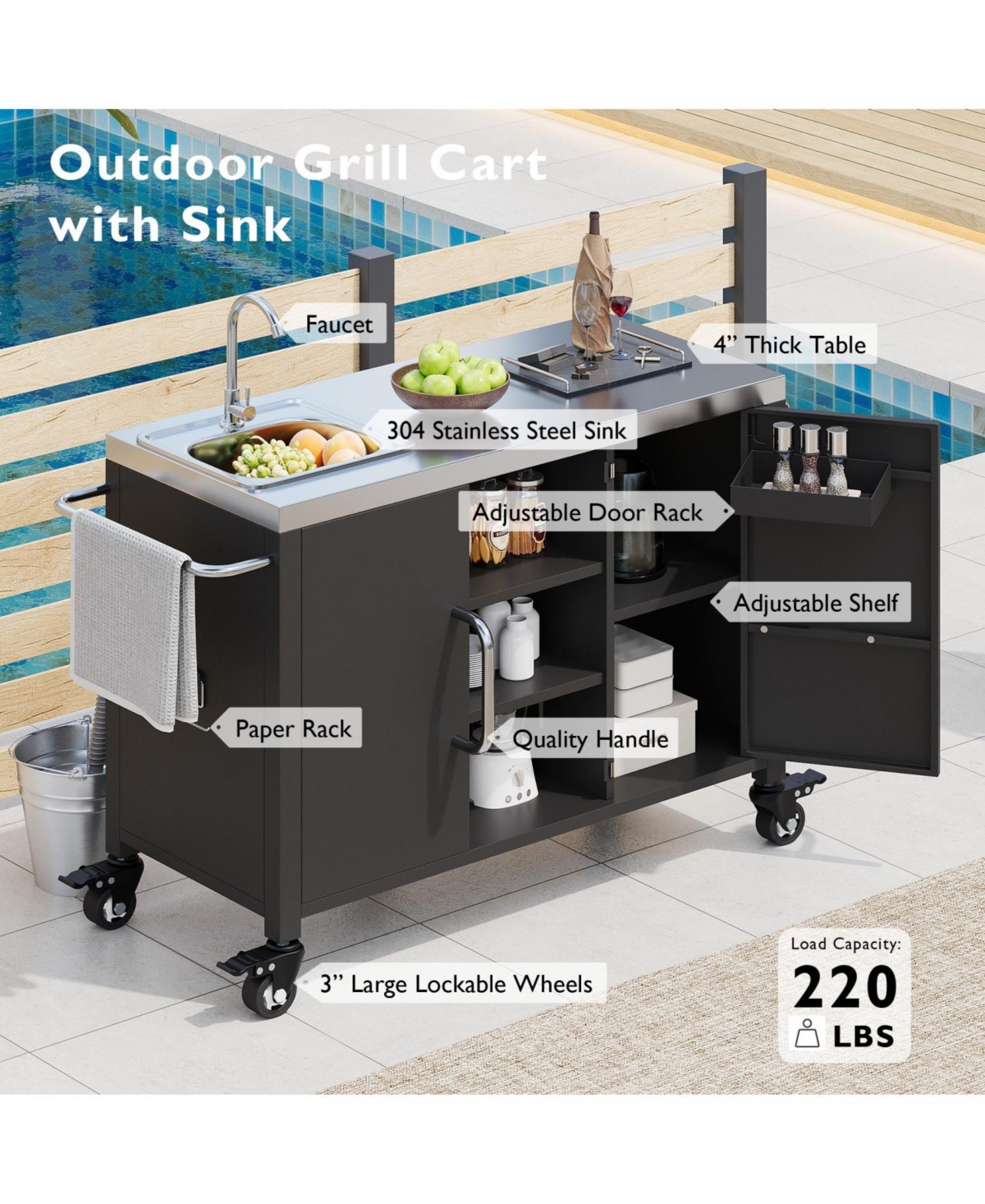 Streamdale Furniture Outdoor Kitchen Island with Sink & Grill Cart
