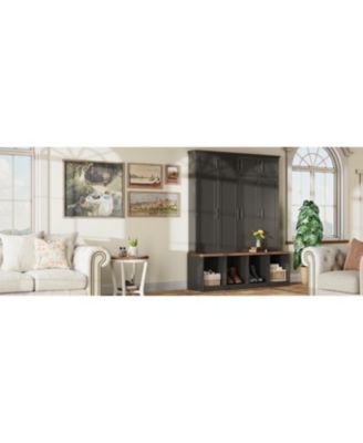 Farmhouse Hall Tree Bench with Hidden Hooks & Shoe Cabinet