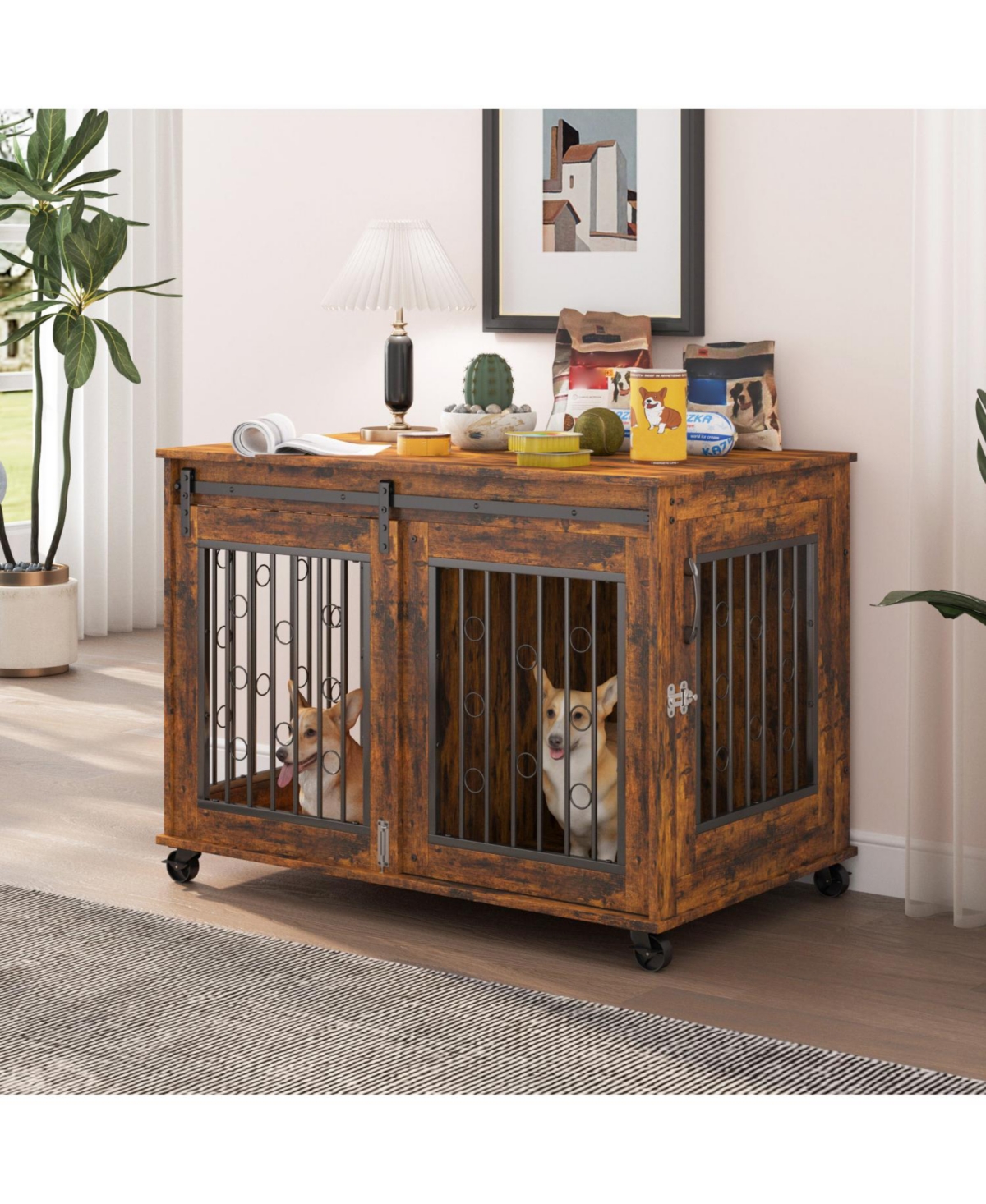 Rustic Brown Sliding Door Dog Cage - 39&#x22; - Rustic brown
