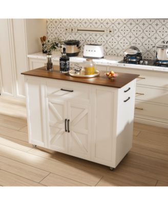 46" Kitchen Island on Wheels with Storage & Power Outlet - White